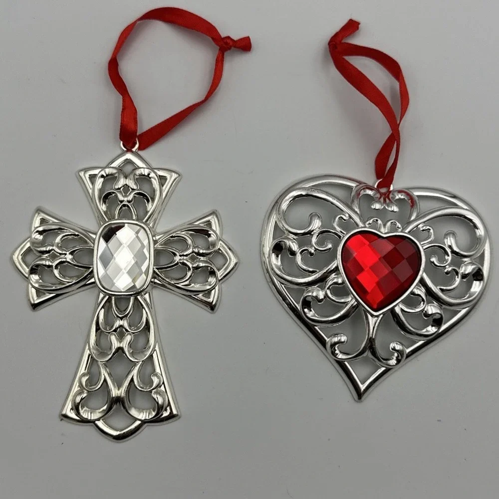 Lot Of 2 Large Lenox Silvertone Cross Heart Ornament Faceted‎ Clear Red Crystal